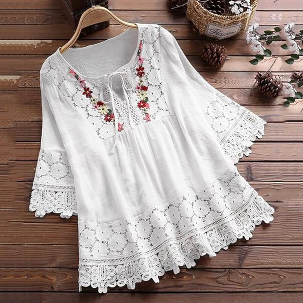 Boho White Linen Blouse with Lace and Embroidery Size XL